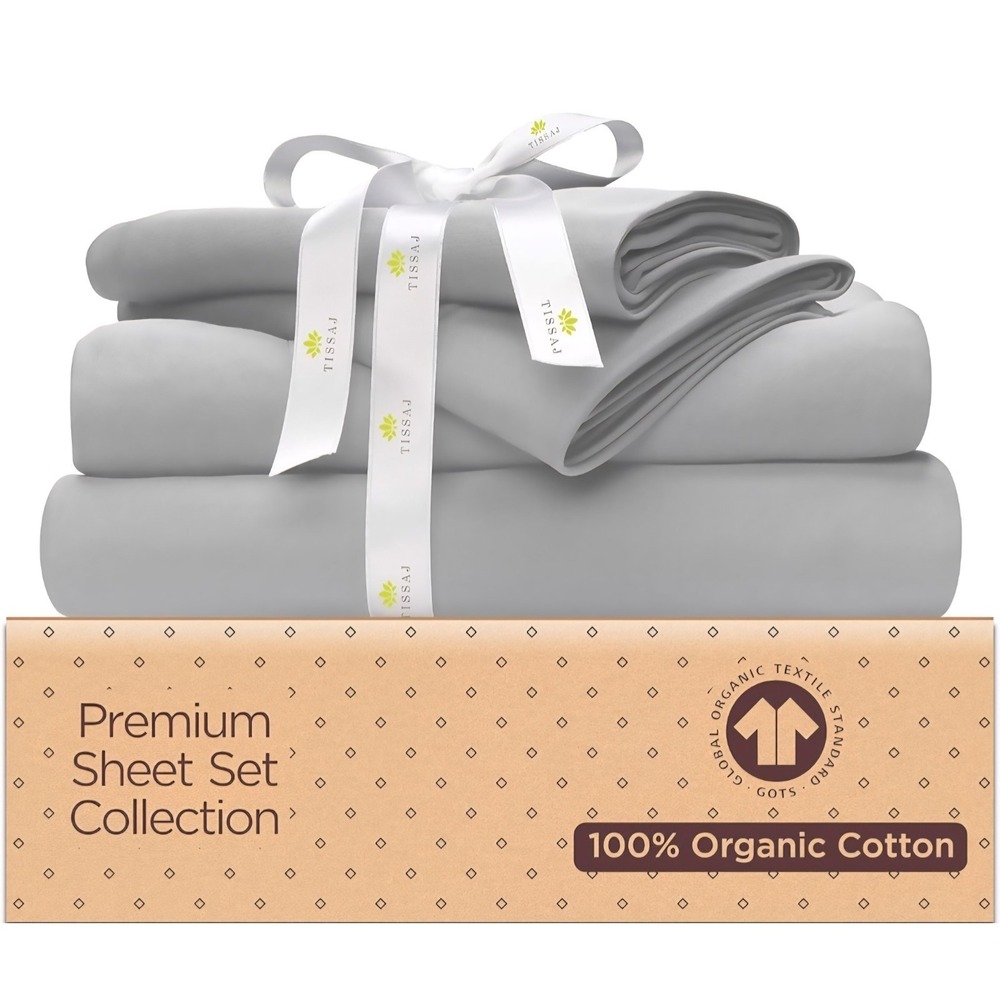 Tissaj‎ Organic Cotton Sheets Twin Size, Smoke Gray Set Of 3
